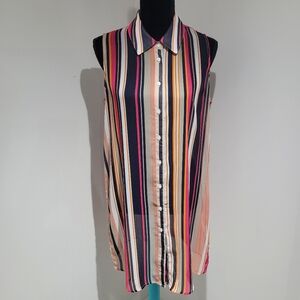 Tamara H. Women's Longline Striped Sleeveless Sheer Blouse Medium Pink Multi